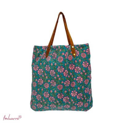 ruime tas velours bloemen blauw met roze