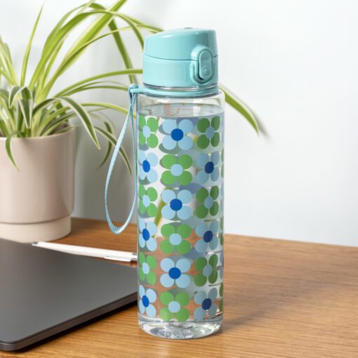 drinkfles met blauw groene bloemen print retro 700 ml plastic fles