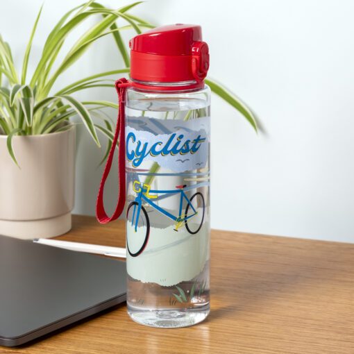 waterfles 700 ml transparant met racefiets print, rode dop