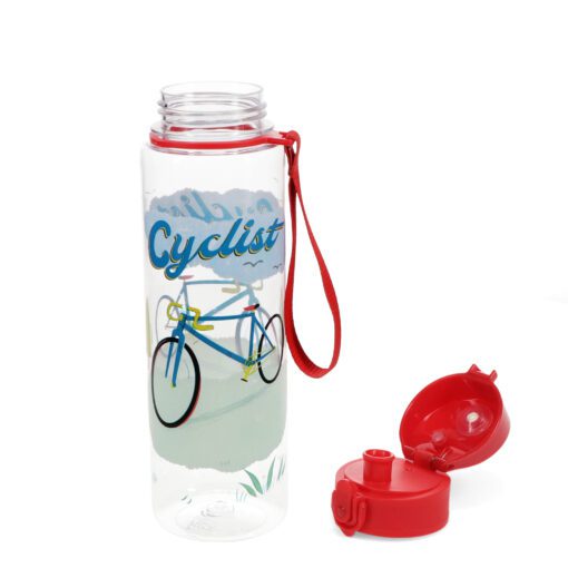 drinkfles met wielren fiets print, transparant met rode dop 700 ml