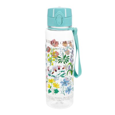 waterfles transparant met bloemen en blauwe sportdop 700 ml inhoud