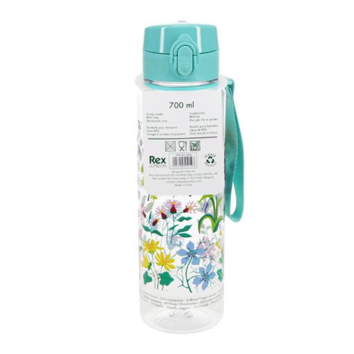 waterfles transparant met bloemen en blauwe sport dop 700 ml